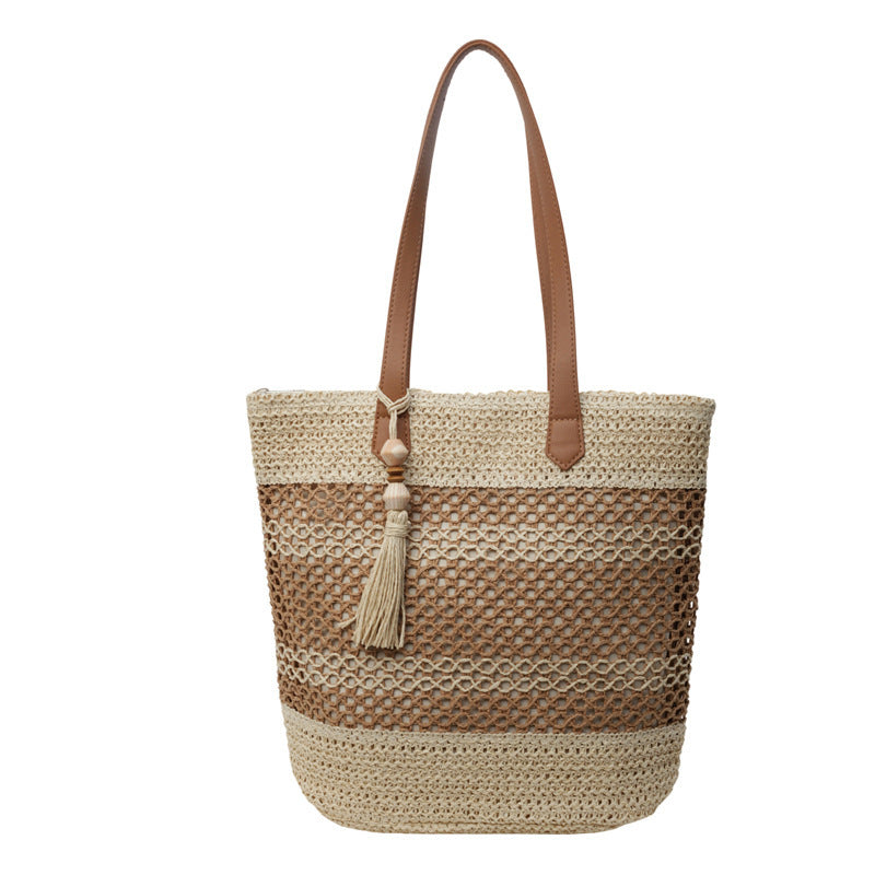 Espresso Esplanade Tote β Striped Woven Shoulder Bag with Tassel Accent