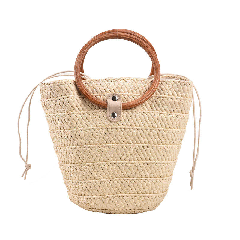 Chaotic Summer Ring Tote β Braided Bucket Handbag with Wooden Handles