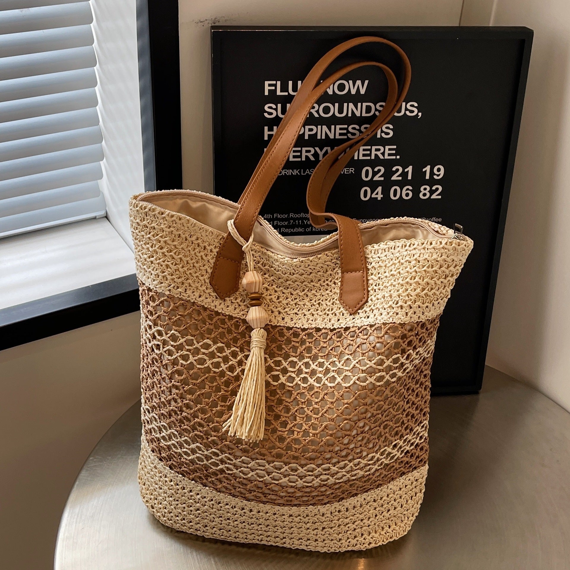 Espresso Esplanade Tote – Striped Woven Shoulder Bag with Tassel Accent