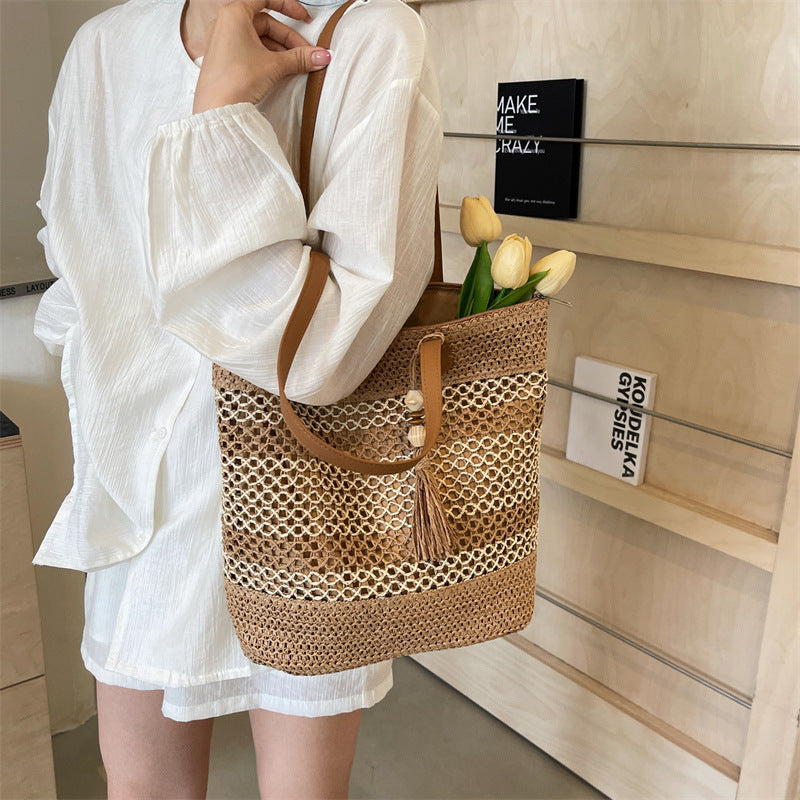 Espresso Esplanade Tote – Striped Woven Shoulder Bag with Tassel Accent