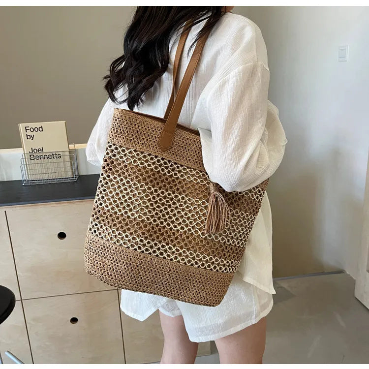 Espresso Esplanade Tote – Striped Woven Shoulder Bag with Tassel Accent