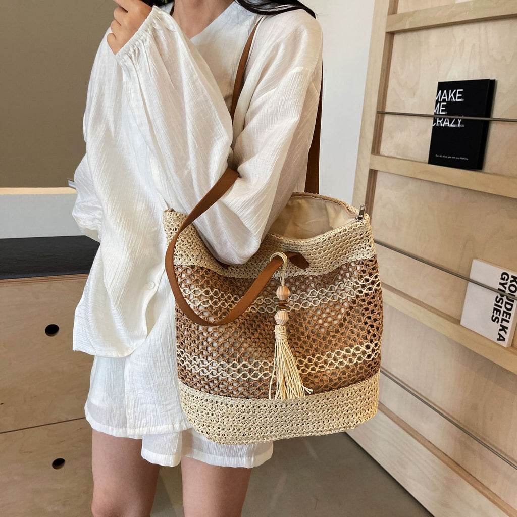 Espresso Esplanade Tote – Striped Woven Shoulder Bag with Tassel Accent