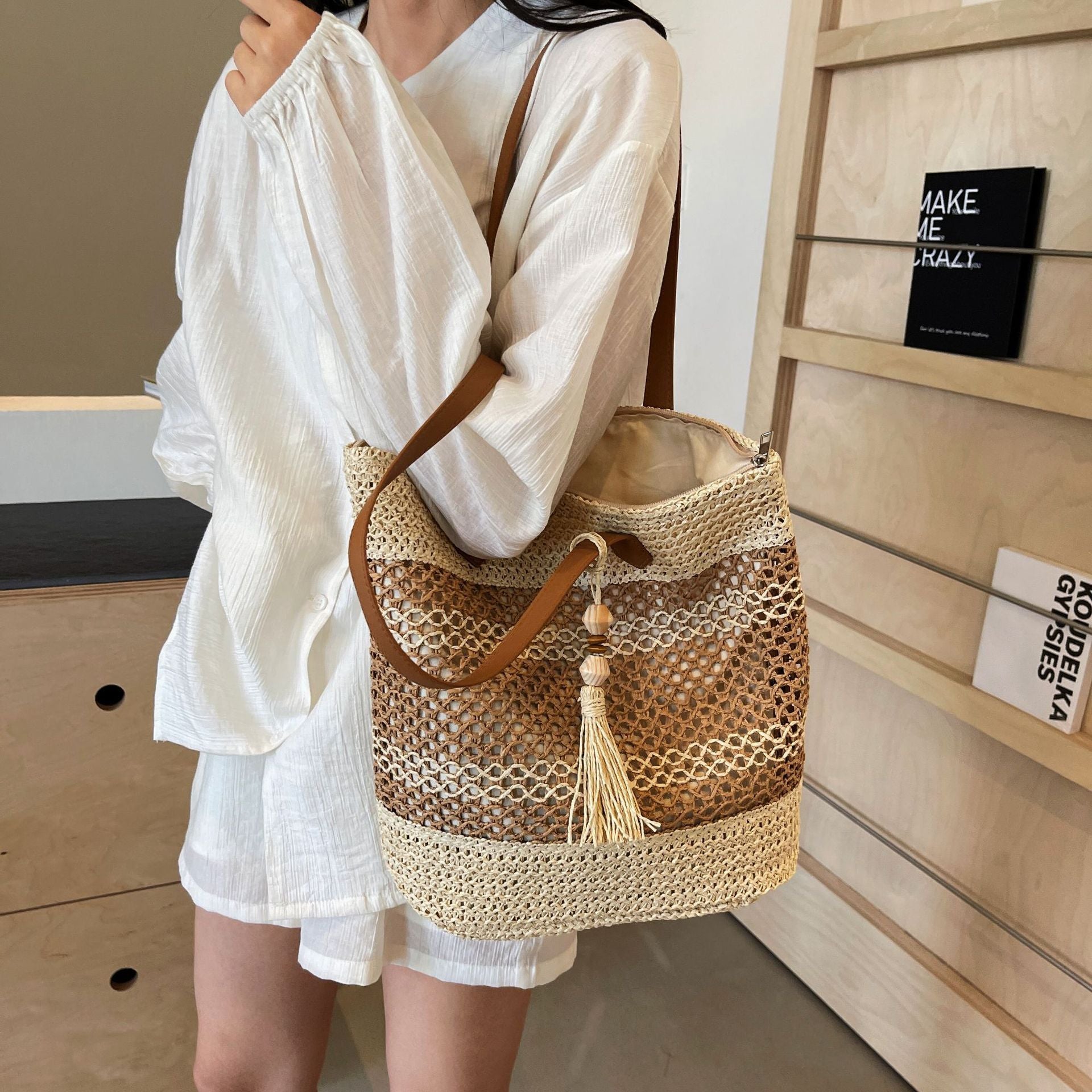 Espresso Esplanade Tote – Striped Woven Shoulder Bag with Tassel Accent
