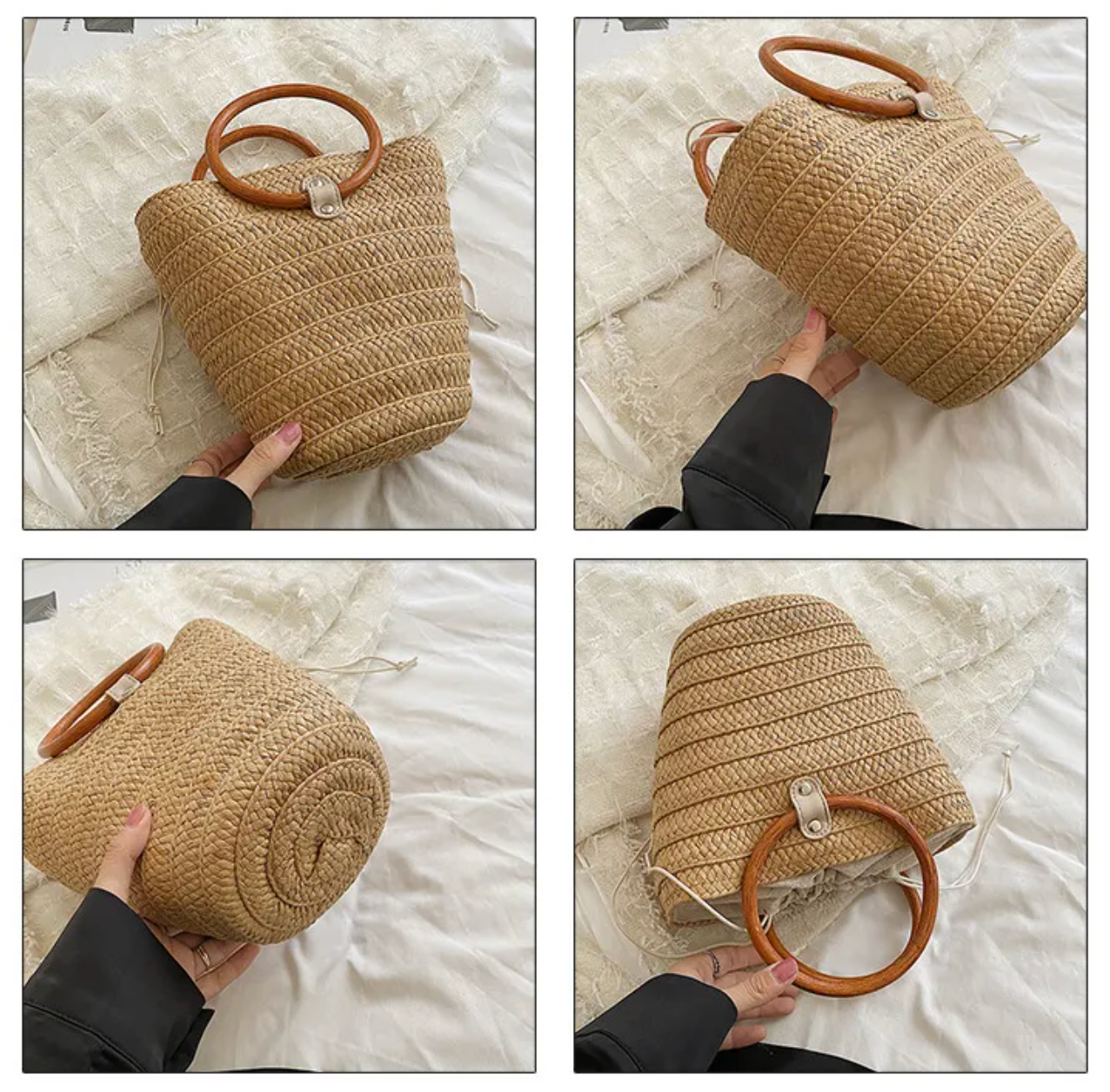 Chaotic Summer Ring Tote – Braided Bucket Handbag with Wooden Handles