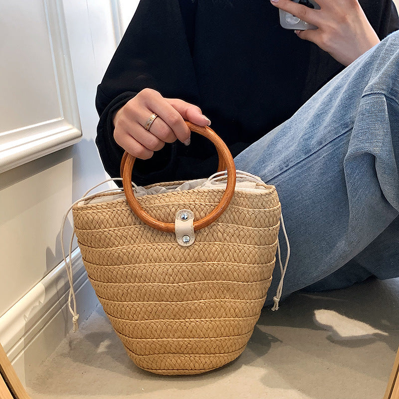 Chaotic Summer Ring Tote – Braided Bucket Handbag with Wooden Handles