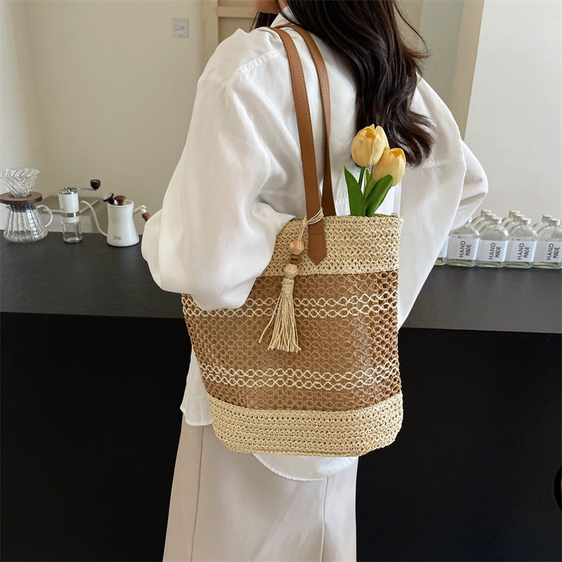 Espresso Esplanade Tote – Striped Woven Shoulder Bag with Tassel Accent