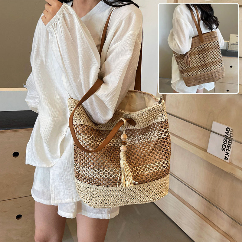 Espresso Esplanade Tote – Striped Woven Shoulder Bag with Tassel Accent