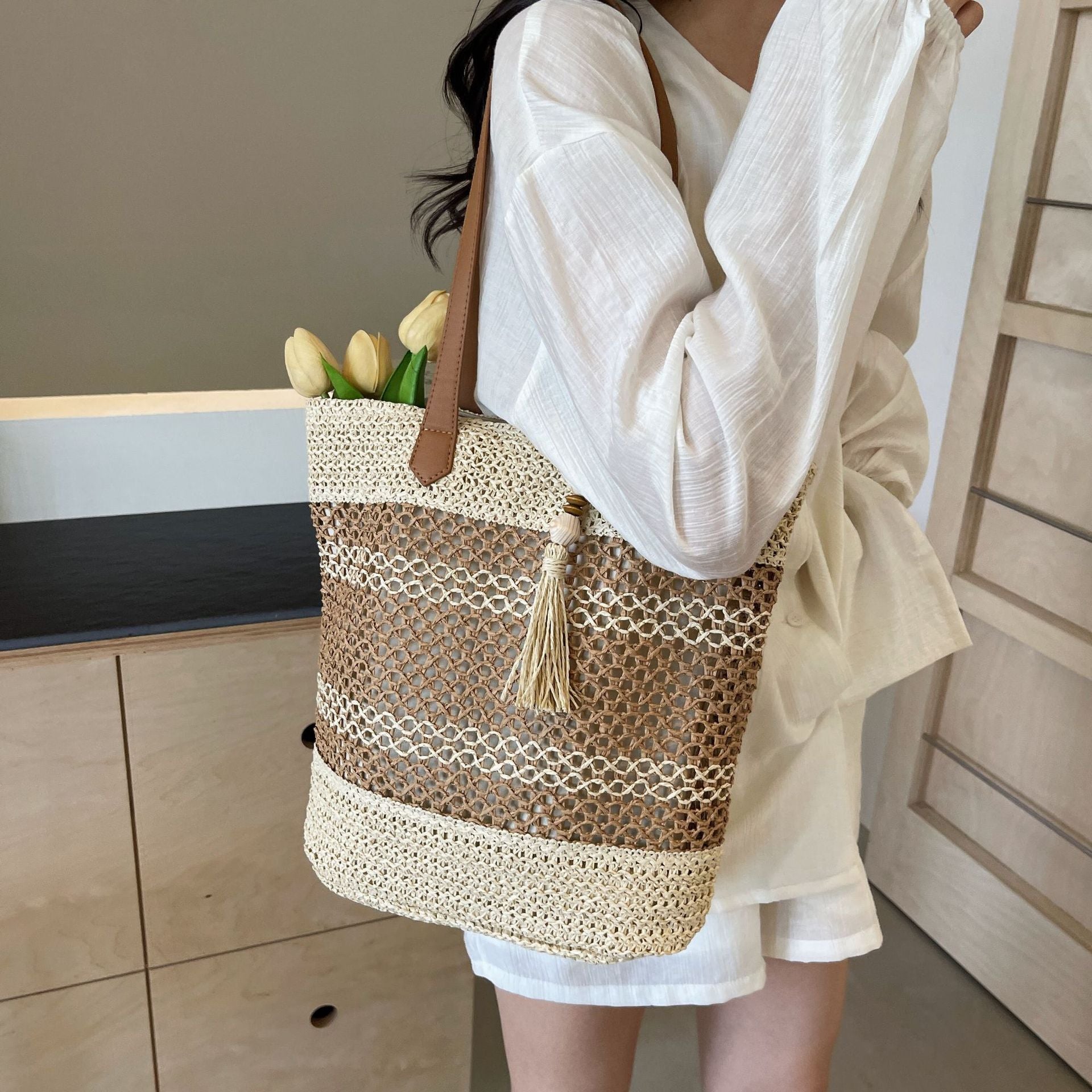 Espresso Esplanade Tote – Striped Woven Shoulder Bag with Tassel Accent